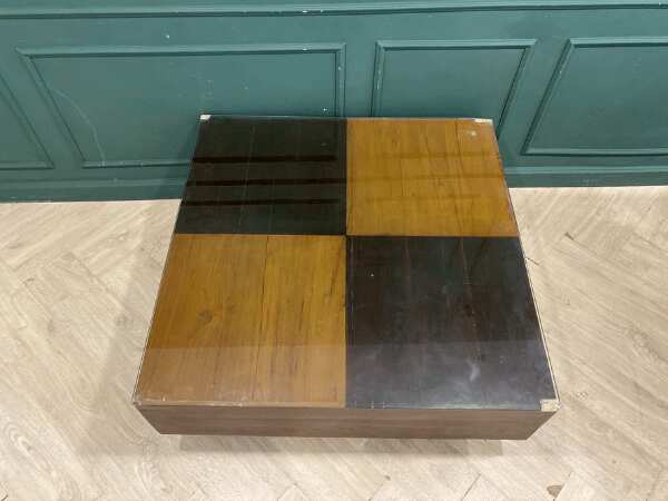 Wooden center table, glass top, vintage style, 100 x 100 cm