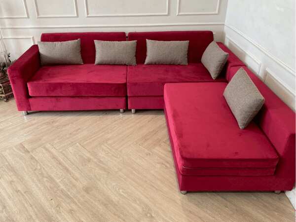 3-seat L-shaped corner sofa, red fabric cushion *New, never used