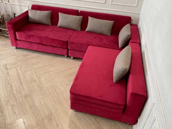 3-seat L-shaped corner sofa, red fabric cushion *New, never used