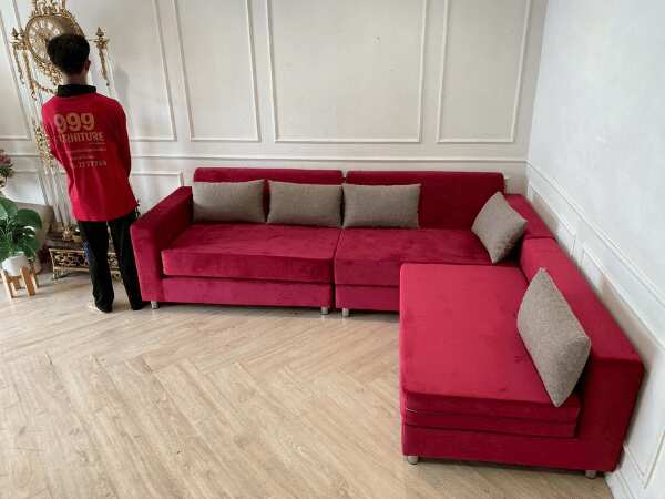 3-seat L-shaped corner sofa, red fabric cushion *New, never used
