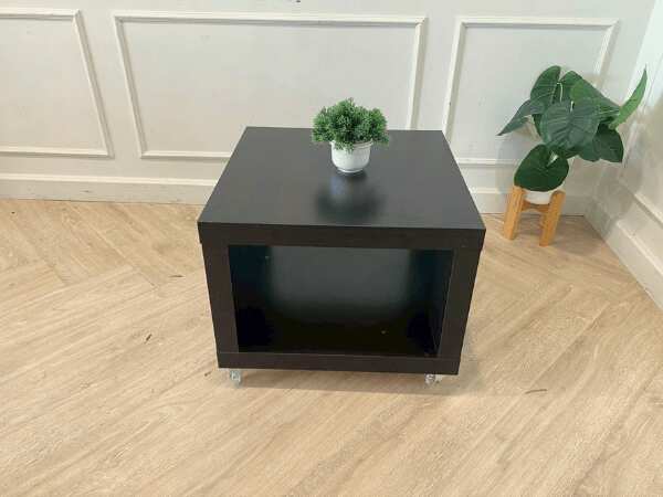 2-tier side table with wheels, wooden frame, black