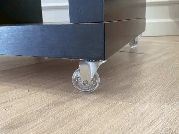 2-tier side table with wheels, wooden frame, black