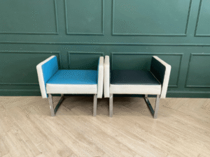 Leather chair, steel legs, minimalist style, blue, black