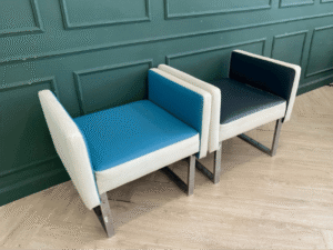 Leather chair, steel legs, minimalist style, blue, black