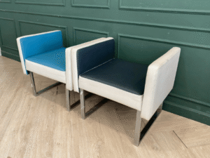 Leather chair, steel legs, minimalist style, blue, black