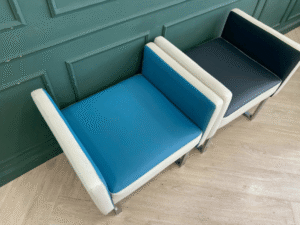 Leather chair, steel legs, minimalist style, blue, black