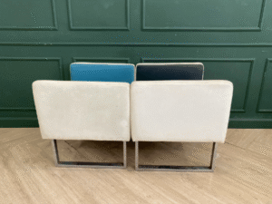 Leather chair, steel legs, minimalist style, blue, black