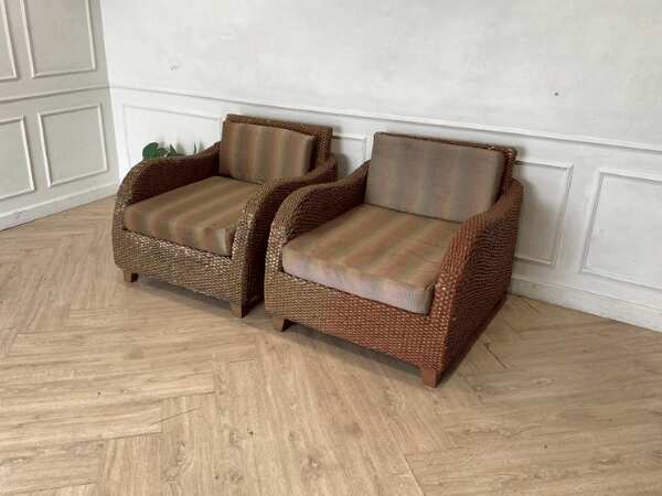 Rattan armchair, fabric cushion, brown