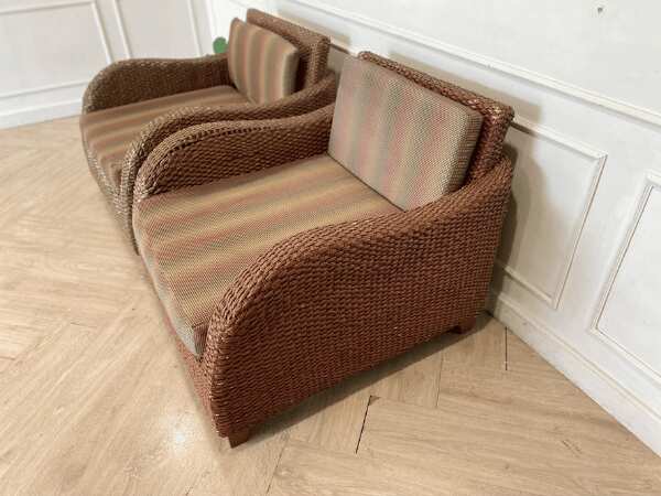 Rattan armchair, fabric cushion, brown