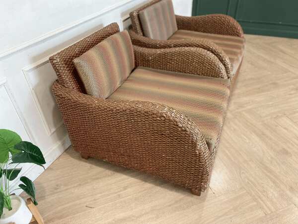 Rattan armchair, fabric cushion, brown