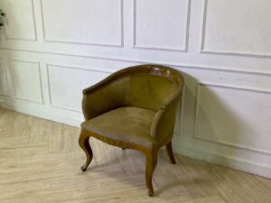 Brown armchair with velvet upholstery and wooden legs._029QH4UNX2