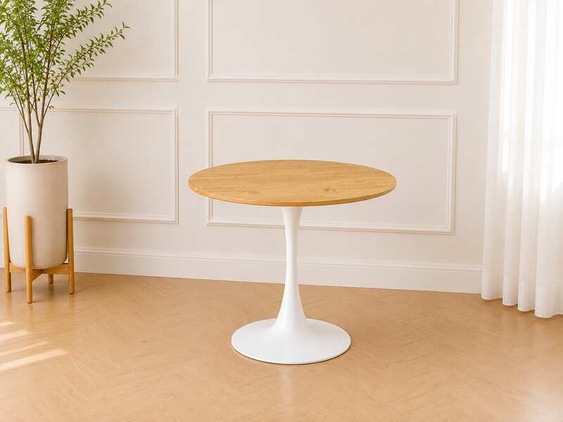 Round table with wooden top and white steel legs, modern style._039B8K6R3O