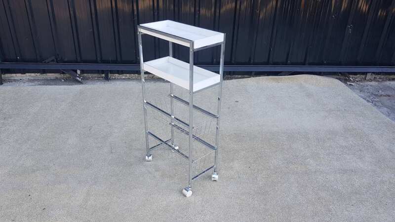 4-Tier Shelving Unit with Steel Legs and Casters, White (3)