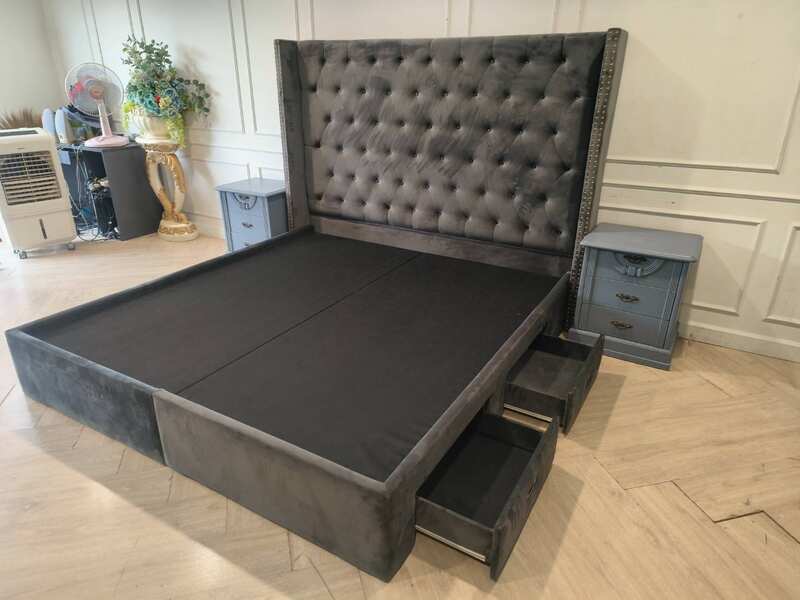 Gray Velvet Chesterfield Bed Frame with 4 Storage Drawers