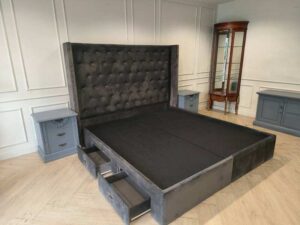 Gray Velvet Chesterfield Bed Frame with 4 Storage Drawers