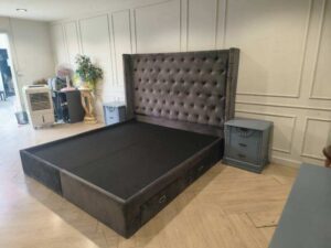 Gray Velvet Chesterfield Bed Frame with 4 Storage Drawers