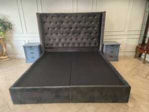 Gray Velvet Chesterfield Bed Frame with 4 Storage Drawers