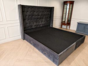 Gray Velvet Chesterfield Bed Frame with 4 Storage Drawers