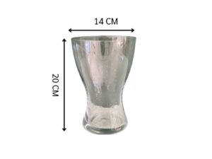 A clear glass flower vase, shaped like an hourglass.