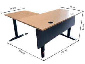 Uplift Desk, adjustable standing desk, L-shaped, black steel legs, with power strip, 150 cm wide.