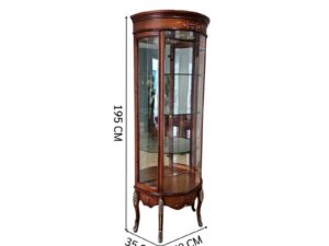 Glass display case with curved glass doors and a classic wooden frame.