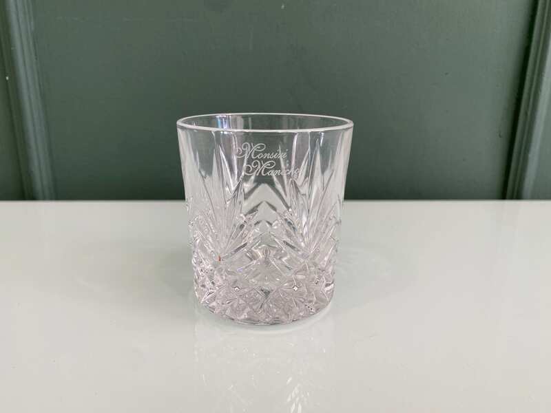 Short, cut crystal whiskey glass by Hoya Crystal, from Japan.