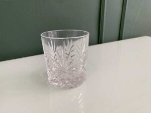 Short, cut crystal whiskey glass by Hoya Crystal, from Japan.