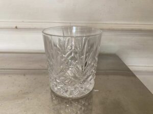 Short, cut crystal whiskey glass by Hoya Crystal, from Japan.