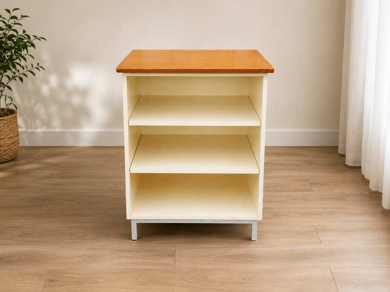Cream colored 3tier TV stand with wooden top and metal legs