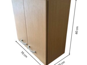 Wall-mounted storage cabinet with doors and shelves.