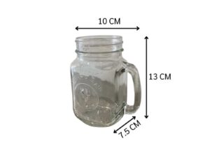 Set of clear glass Mason Jars with handles, embossed rooster design, Libbey brand.