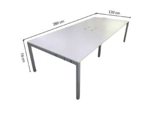 4-seater group workstation with grey steel legs and power strip.