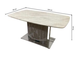 Dining table with stainless steel legs, leather upholstery, marble top