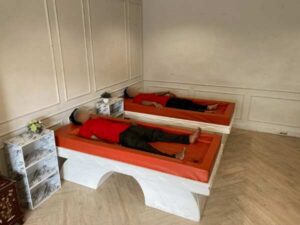 Sauna bed, leather cushion, orange