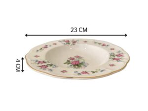 Ceramic plate with pink rose pattern and gold rim, Qualitier brand, Sweet Romance model, 23 cm.