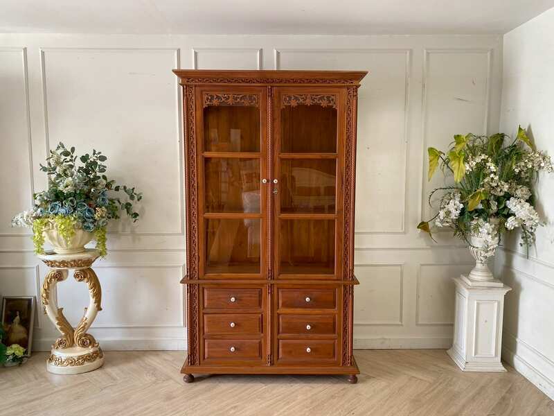 Vintage Teak Cabinet with 2 Glass Doors and 6 Drawers