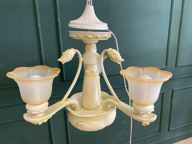 Chandelier, glass pendant lamp, lotus petal design, cream color