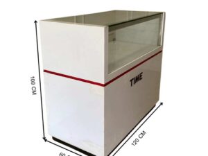 White glass display cabinet with red trim