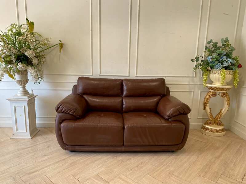 2-seat sofa, genuine leather cushion, brown surface, KONCEPT brand