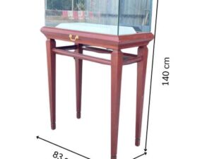 Glass display case with wooden legs and 1 sliding track. Wood color.