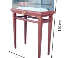 Glass display case with wooden legs and 1 sliding track. Wood color.
