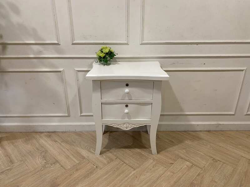 Louis-style carved wood bedside cabinet with 2 drawers, white