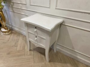 Louis-style carved wood bedside cabinet with 2 drawers, white