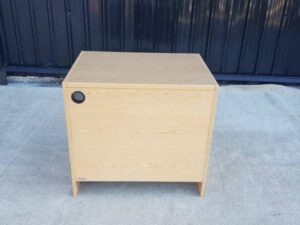 Brown wooden computer desk, MOFLEX brand.