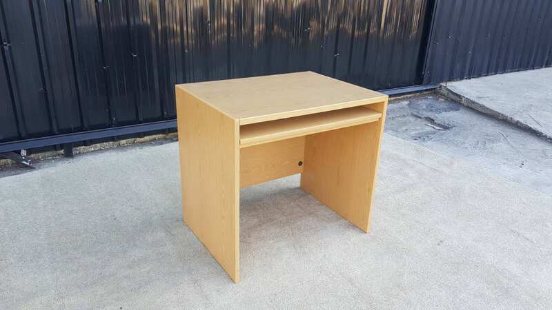 Brown wooden computer desk, MOFLEX brand.