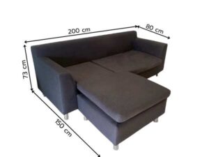 L-shaped corner sofa, 2 seats, fabric cushion, grey, with pillows