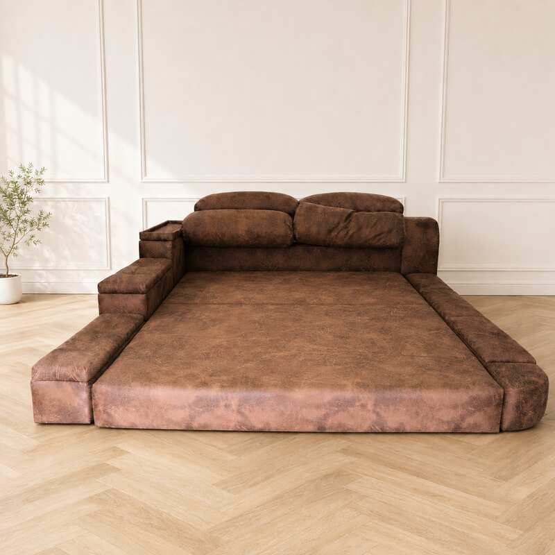 King size bed, brown leather pattern fabric, Crystal brand + mattress, sleep-peelS brand_476F4BLHTI