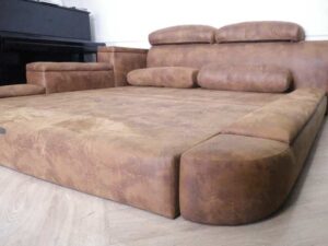 King size bed, brown leather pattern fabric, Crystal brand + mattress, sleep-peelS brand_476F4BLHTI