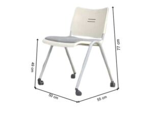 Chair with steel legs, casters, and a gray fabric cushion.