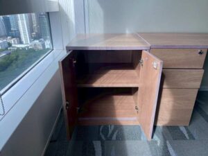 Two-door filing cabinet, brown wooden frame